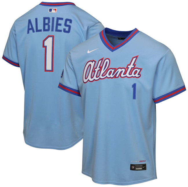 Youth Atlanta Braves #1 Ozzie Albies Powder Blue 2026 City Connect Stadium Stitched Baseball Jersey Youth Atlanta Braves #1 Ozzie Albies Powder Blue 2026 City Connect Stadium Stitched Baseball Jersey