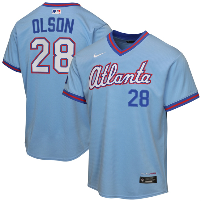 Youth Atlanta Braves #28 Matt Olson Powder Blue 2026 City Connect Stadium Stitched Baseball Jersey Youth Atlanta Braves #28 Matt Olson Powder Blue 2026 City Connect Stadium Stitched Baseball Jersey