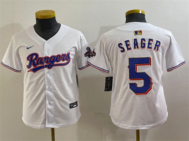 Youth Texas Rangers #5 Corey Seager White Gold Stitched Baseball Jersey Youth Texas Rangers #5 Corey Seager White Gold Stitched Baseball Jersey