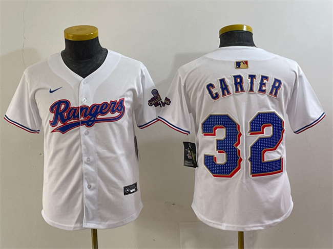 Youth Texas Rangers #32 Evan Carter White Gold Stitched Baseball Jersey