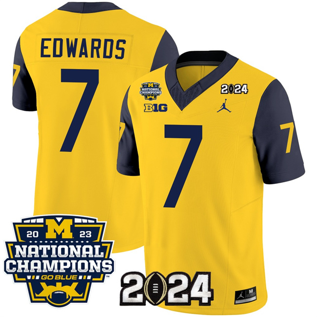 Men's Michigan Wolverines #7 Donovan Edwards Yellow Navy 2024 F.U.S.E. With 2023 National Champions Patch Stitched Jersey Men's Michigan Wolverines #7 Donovan Edwards Yellow Navy 2024 F.U.S.E. With 2023 National Champions Patch Stitched Jersey