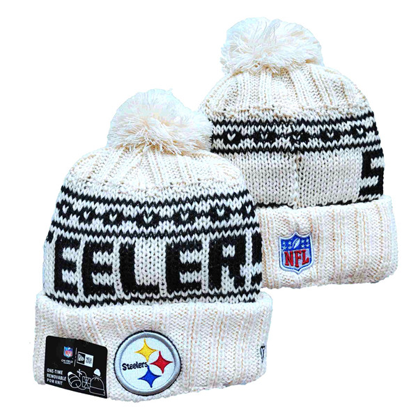Steelers Team Logo Pom Cuffed White Knit Hat YD