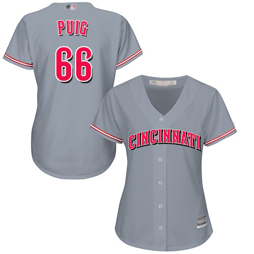 Reds #66 Yasiel Puig Grey Road Women's Stitched Baseball Jersey Reds #66 Yasiel Puig Grey Road Women's Stitched Baseball Jersey