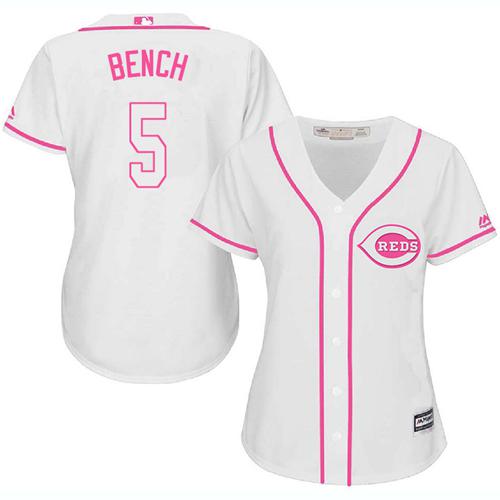 Reds #5 Johnny Bench White Pink Fashion Women's Stitched MLB Jersey Reds #5 Johnny Bench White Pink Fashion Women's Stitched MLB Jersey