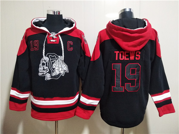 Men's Chicago Blackhawks #19 Jonathan Toews Black Ageless Must-Have Lace-Up Pullover Hoodie Men's Chicago Blackhawks #19 Jonathan Toews Black Ageless Must-Have Lace-Up Pullover Hoodie