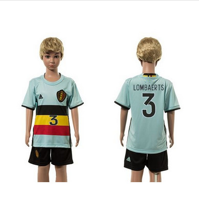 Belgium #3 Lombaerts Away Kid Soccer Country Jersey