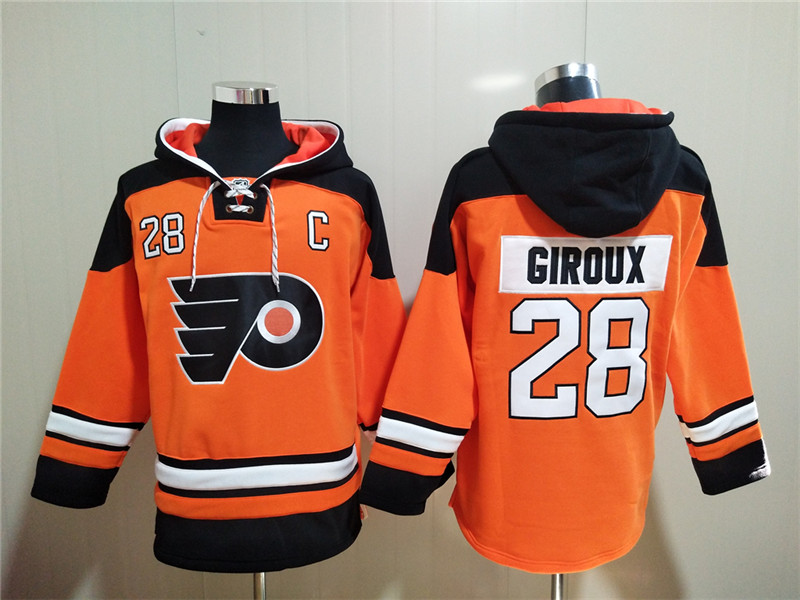 Men's Philadelphia Flyers #28 Claude Giroux Orange Ageless Must-Have Lace-Up Pullover Hoodie Men's Philadelphia Flyers #28 Claude Giroux Orange Ageless Must-Have Lace-Up Pullover Hoodie