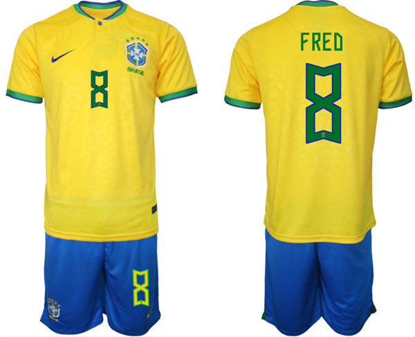 Men's Brazil #8 Fred Yellow 2022 FIFA World Cup Home Soccer Jersey Suit Men's Brazil #8 Fred Yellow 2022 FIFA World Cup Home Soccer Jersey Suit