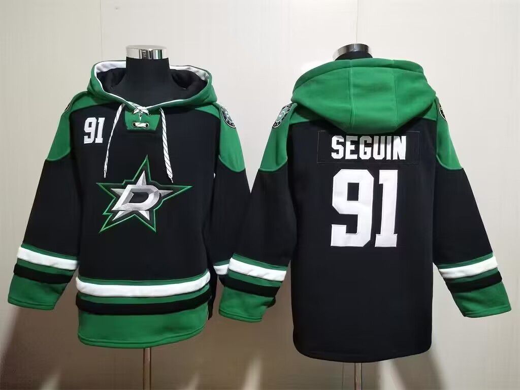 Men's Dallas Stars #91 Tyler Seguin Black Green Lace-Up Pullover Hoodie Men's Dallas Stars #91 Tyler Seguin Black Green Lace-Up Pullover Hoodie