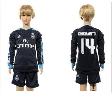 Real Madrid #14 Chicharito Navy Blue Long Sleeves Kid Soccer Club Jersey