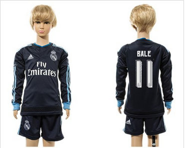 Real Madrid #11 Bale Navy Blue Long Sleeves Kid Soccer Club Jersey (2)