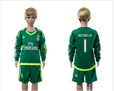 Real Madrid #1 Iker Casillas Green Long Sleeves Kid Soccer Club Jersey
