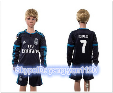 Real Madrid #7 Ronaldo Navy Blue Long Sleeves Kid Soccer Club Jersey