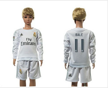 Real Madrid #11 Bale White Home Long Sleeves Kid Soccer Club Jersey