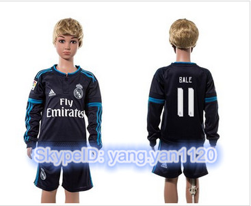 Real Madrid #11 Bale Navy Blue Long Sleeves Kid Soccer Club Jersey