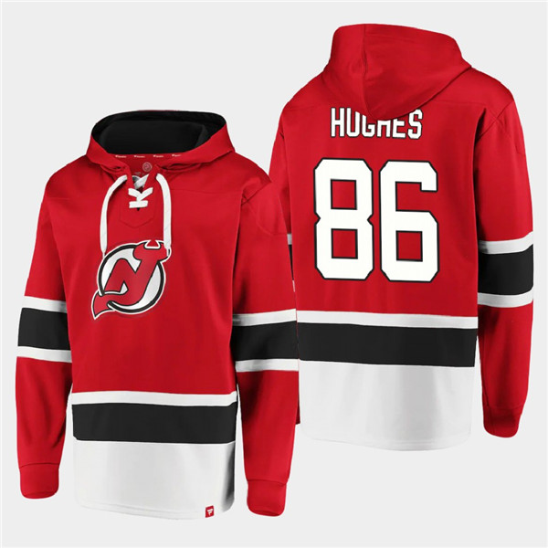 Men's New Jersey Devils #86 Jack Hughes Red Ageless Must-Have Lace-Up Pullover Hoodie Men's New Jersey Devils #86 Jack Hughes Red Ageless Must-Have Lace-Up Pullover Hoodie