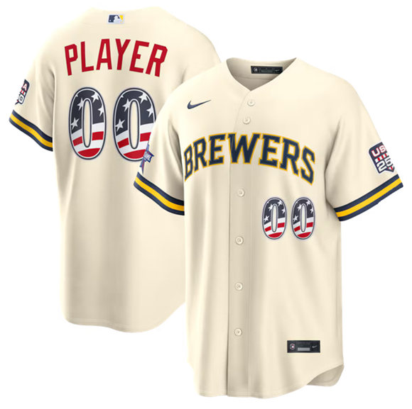 Men's Milwaukee Brewers CTIVE PLAYER Custom Cream 2026 All-Star Edition Stars & Stripes USA 250 Patch Stitched Baseball Jersey Men's Milwaukee Brewers CTIVE PLAYER Custom Cream 2026 All-Star Edition Stars & Stripes USA 250 Patch Stitched Baseball Jersey