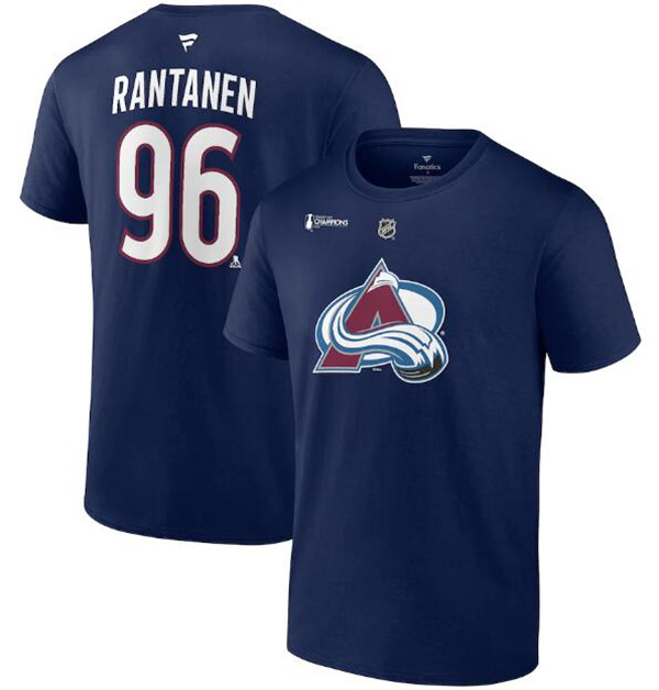 Men's Colorado Avalanche #96 Mikko Rantanen Navy 2022 Stanley Cup Champions Authentic Stack Name & Number T-Shirt Men's Colorado Avalanche #96 Mikko Rantanen Navy 2022 Stanley Cup Champions Authentic Stack Name & Number T-Shirt