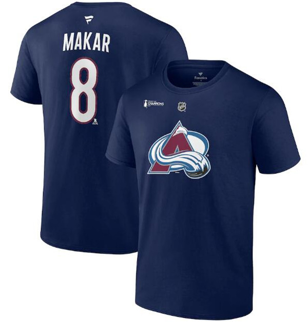 Men's Colorado Avalanche #8 Cale Makar Navy 2022 Stanley Cup Champions Authentic Stack Name & Number T-Shirt Men's Colorado Avalanche #8 Cale Makar Navy 2022 Stanley Cup Champions Authentic Stack Name & Number T-Shirt