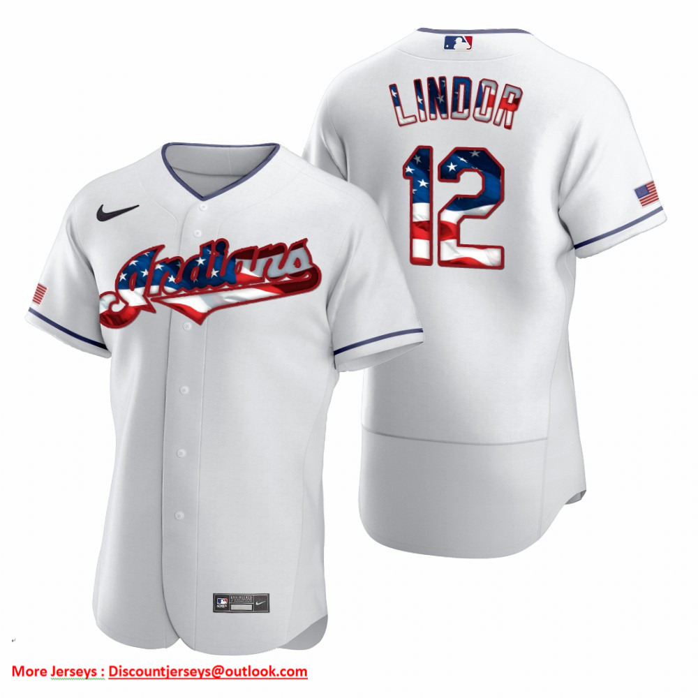 Cleveland Indians #12 Francisco Lindor Men's Nike White Fluttering USA Flag Limited Edition Authentic MLB Jersey Cleveland Indians #12 Francisco Lindor Men's Nike White Fluttering USA Flag Limited Edition Authentic MLB Jersey