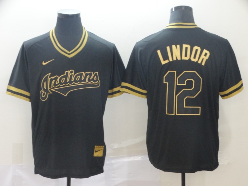 Indians 12 Francisco Lindor Black Gold Nike Cooperstown Collection Legend V Neck Jersey Indians 12 Francisco Lindor Black Gold Nike Cooperstown Collection Legend V Neck Jersey