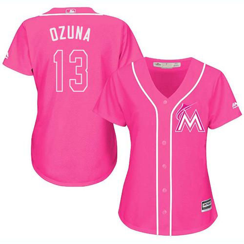 Marlins #13 Marcell Ozuna Pink Fashion Women's Stitched MLB Jersey