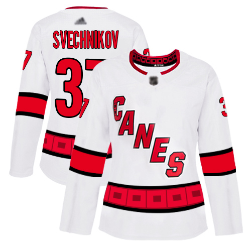 Hurricanes #37 Andrei Svechnikov White Road Authentic Women's Stitched Hockey Jersey Hurricanes #37 Andrei Svechnikov White Road Authentic Women's Stitched Hockey Jersey