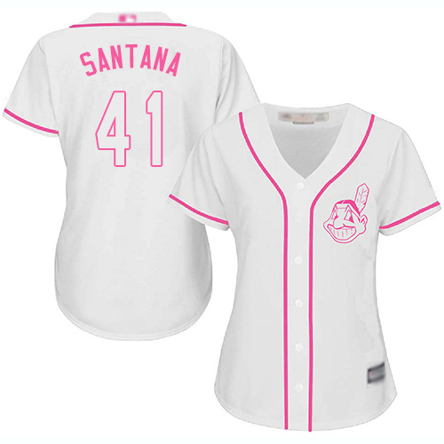 Indians #41 Carlos Santana White Pink Fashion Women's Stitched Baseball Jersey Indians #41 Carlos Santana White Pink Fashion Women's Stitched Baseball Jersey