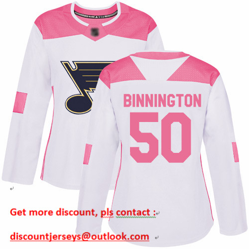 Blues #50 Jordan Binnington White Pink Authentic Fashion Women's Stitched Hockey Jersey