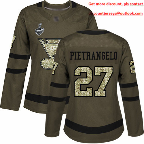 Blues #27 Alex Pietrangelo Green Salute to Service Stanley Cup Final Bound Women's Stitched Hockey Jersey Blues #27 Alex Pietrangelo Green Salute to Service Stanley Cup Final Bound Women's Stitched Hockey Jersey