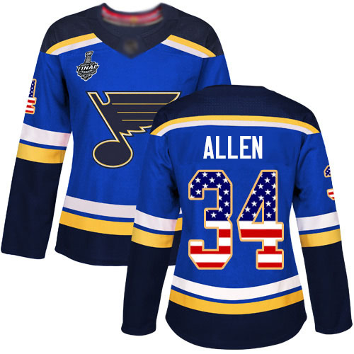 Blues #34 Jake Allen Blue Home Authentic USA Flag Stanley Cup Final Bound Women's Stitched Hockey Jersey Blues #34 Jake Allen Blue Home Authentic USA Flag Stanley Cup Final Bound Women's Stitched Hockey Jersey