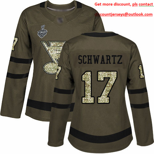 Blues #17 Jaden Schwartz Green Salute to Service Stanley Cup Final Bound Women's Stitched Hockey Jersey Blues #17 Jaden Schwartz Green Salute to Service Stanley Cup Final Bound Women's Stitched Hockey Jersey