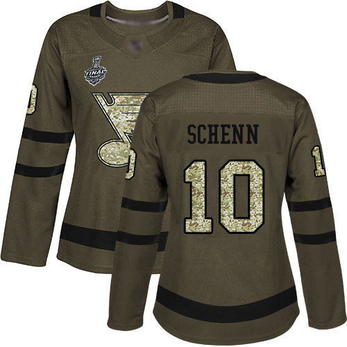 Blues #10 Brayden Schenn Green Salute to Service Stanley Cup Final Bound Women's Stitched Hockey Jersey Blues #10 Brayden Schenn Green Salute to Service Stanley Cup Final Bound Women's Stitched Hockey Jersey
