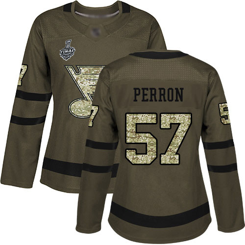Blues #57 David Perron Green Salute to Service Stanley Cup Final Bound Women's Stitched Hockey Jersey Blues #57 David Perron Green Salute to Service Stanley Cup Final Bound Women's Stitched Hockey Jersey