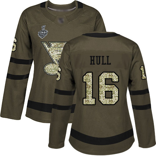 Blues #16 Brett Hull Green Salute to Service Stanley Cup Final Bound Women's Stitched Hockey Jersey Blues #16 Brett Hull Green Salute to Service Stanley Cup Final Bound Women's Stitched Hockey Jersey