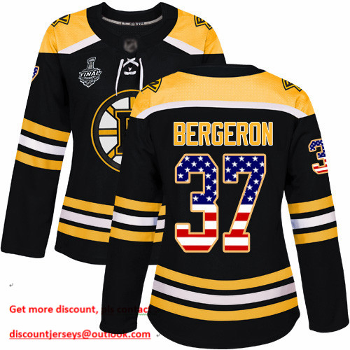 Bruins #37 Patrice Bergeron Black Home Authentic USA Flag Stanley Cup Final Bound Women's Stitched Hockey Jersey