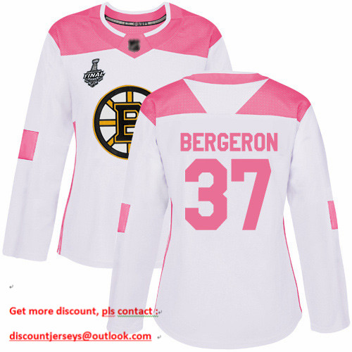 Bruins #37 Patrice Bergeron White Pink Authentic Fashion Stanley Cup Final Bound Women's Stitched Hockey Jersey