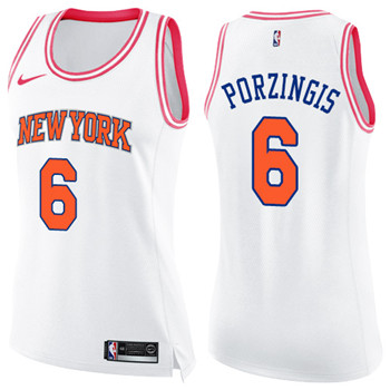 Nike Knicks #6 Kristaps Porzingis White Pink Women's NBA Swingman Fashion Jersey Nike Knicks #6 Kristaps Porzingis White Pink Women's NBA Swingman Fashion Jersey