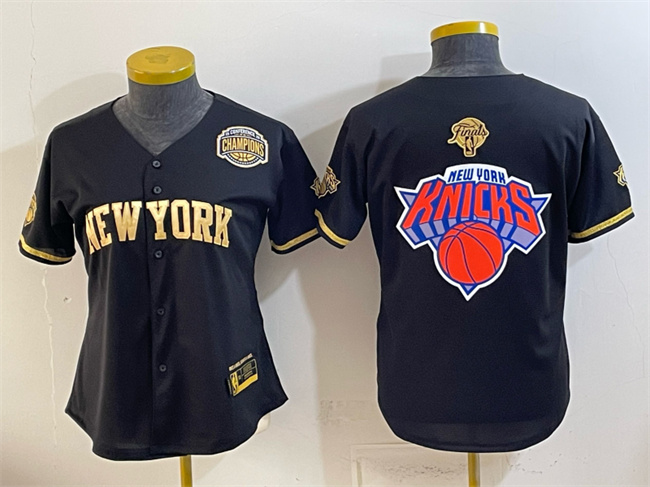 Women's New York Knicks Team Big Logo Black Gold 2026 Finals & Eastern Conference Champions Patch Stitched Baseball Jersey(Run Small)