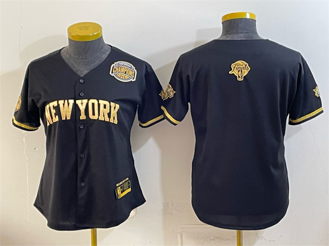 Women's New York Knicks Blank Black Gold 2026 Finals & Eastern Conference Champions Patch Stitched Baseball Jersey(Run Small) Women's New York Knicks Blank Black Gold 2026 Finals & Eastern Conference Champions Patch Stitched Baseball Jersey(Run Small)