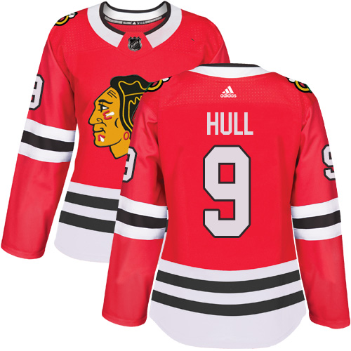 Adidas Blackhawks #9 Bobby Hull Red Home Authentic Women's Stitched NHL Jersey -