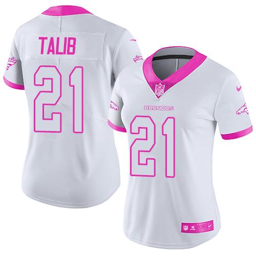 Nike Broncos #21 Aqib Talib White Pink Women's Stitched NFL Limited Rush Fashion Jersey Nike Broncos #21 Aqib Talib White Pink Women's Stitched NFL Limited Rush Fashion Jersey
