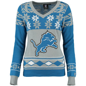 Women's Detroit Lions Klew Blue Silver Big Logo V-Neck Ugly Sweater