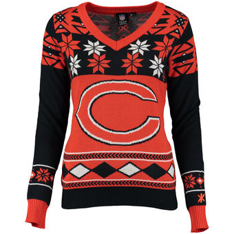 Women's Chicago Bears Klew Navy Orange Big Logo V-Neck Ugly Sweater