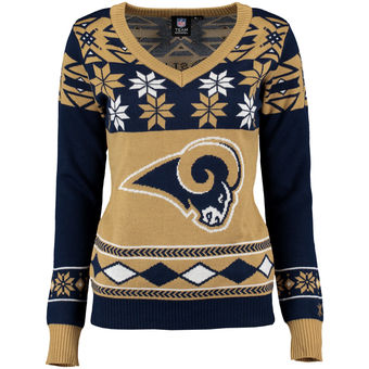 Women's Los Angeles Rams Klew Navy Gold Big Logo V-Neck Ugly Sweater