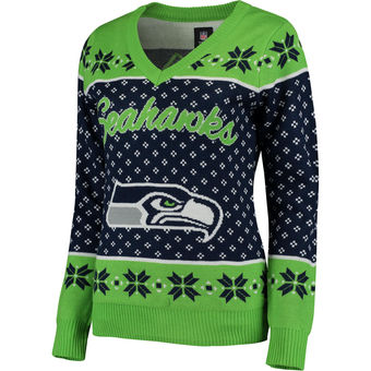 Women's Seattle Seahawks Klew College Navy Big Logo V-Neck Sweater