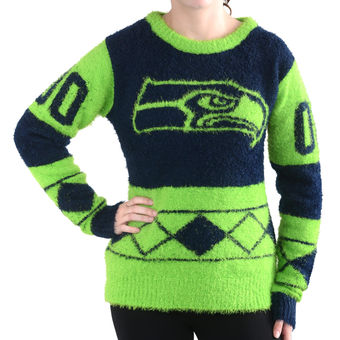 Women's Seattle Seahawks Klew Navy Blue Eyelash Crew Ugly Sweater