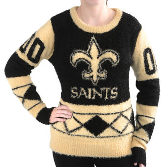 Women's New Orleans Saints Klew Black Eyelash Crew Ugly Sweater