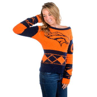 Women's Denver Broncos Klew Navy Blue Eyelash Crew Ugly Sweater