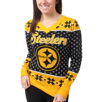Women's Pittsburgh Steelers Klew Black Big Logo V-Neck Sweater